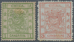 China: 1882, Large Dragon Thin Paper 1 Ca. Green Resp. 3 Ca. Brownish Red, Unused No Gum (Michel Cat - 1912-1949 République