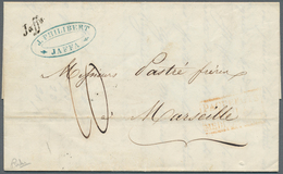Holyland: 1854, "Jaffa" Black Oneliner Of French Levant Post Office On Folded Envelope With Blue Sen - Palestine
