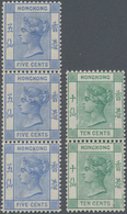 Hongkong: 1882/1884 QV 5c. Pale Blue, Wmk Crown CA, Vertical Strip Of Three, And 10c. Green, Wmk Cro - Other & Unclassified