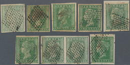 Indien: 1854 2a. Green, Group Of 7 Used Singles And A Pair, Various Shades And Cancellations, All Wi - 1852 District De Scinde