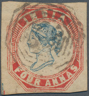 Indien - Used Abroad: BURMA 1854-55: Lithographed 4a. Blue & Red From 4th Printing, Sheet Pos. 10 Wi - Sonstige & Ohne Zuordnung