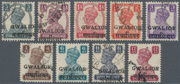 Indien - Konventionalstaaten: GWALIOR 1949, KGVI. Set Of 9, White Background, With Wide Bilingual GW - Sonstige & Ohne Zuordnung