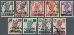 Indien - Konventionalstaaten: GWALIOR 1949, KGVI. Set Of 9, White Background, With Wide Bilingual GW - Autres & Non Classés