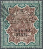 Indien - Konventionalstaaten: NABHA 1897 QV 3r. Brown & Green, Used And Cancelled By Squared "NABHA - Sonstige & Ohne Zuordnung