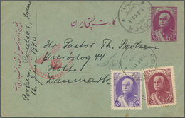 Iran: 1940, 10 D. Violet On Green Postal Stationery Card Used Uprated With 5 D. Bright Violet And 75 - Iran