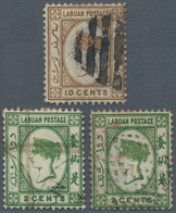 Labuan: 1880/1883, Three Used QV Stamps With Wmk Varieties, 1880 10c. Brown Wmk Inverted, Used With - Sonstige & Ohne Zuordnung