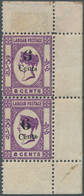 Labuan: 1891-92 6c. On 8c. Mauve Vertical Pair Of Right Hand Corner Stamps, Varieties "Wmk Crown CA - Sonstige & Ohne Zuordnung