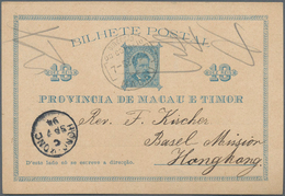 Macau - Ganzsachen: 1894, Card 10 R. Blue (2) Canc. "MACAU 7-SEP 94" Resp. "20-OCT 94"to Basel Missi - Ganzsachen