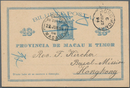 Macau - Ganzsachen: 1894, Card 10 R. Blue Canc. "MACAU 22-JUN 94" To Basel Mission / Hong Kong W. Sa - Entiers Postaux