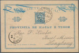 Macau - Ganzsachen: 1894, Card 10 R. Blue Canc. "MACAU 6-JUL 94" To Basel Mission / Hong Kong W. Sam - Postal Stationery