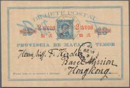 Macau - Ganzsachen: 1896, Card 2 Avos PROVISORIO/10 R. Blue (2) Canc. "MACAU 2-STP.95" Resp. "7-FEV. - Entiers Postaux