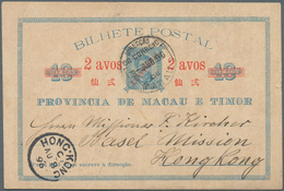 Macau - Ganzsachen: 1896, Card 2 Avos PROVISORIO/10 R. Blue Canc. "MACAU 8-AGO 96" To Basel Mission - Entiers Postaux