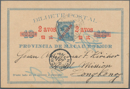 Macau - Ganzsachen: 1896, Card 2 Avos PROVISORIO/10 R. Blue (2) Canc. "MACAU 29-JUL 97" Resp. "26-AO - Ganzsachen