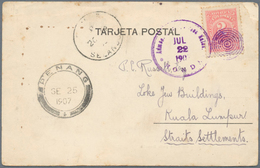 Malaiischer Staatenbund: 1907, INCOMING MAIL, Colombia: 2 C Rose Single Franking On Realphoto Ppc Wi - Federated Malay States