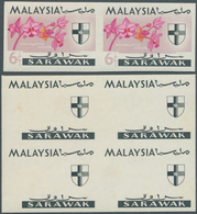 Malaiische Staaten - Sarawak: 1965, Orchids Imperforate PROOF Block Of Four With Black Printing Only - Sonstige & Ohne Zuordnung