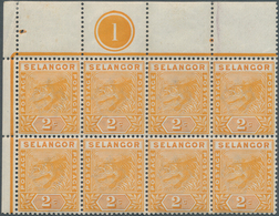 Malaiische Staaten - Selangor: 1895, 2c. Orange, Top Mraginal Block Of Eight From The Upper Left Cor - Selangor