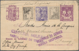 Philippinen - Ganzsachen: 1945, Spain Postal Stationery Card 15 C. Violett Upgraded With SG 878, 5c - Philippinen
