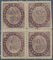 Portugiesisch-Indien: 1873, Type IA, 900 R. Dark Violet, A Block Of Four, 1 Double Impression Of Val - Portugiesisch-Indien