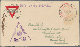 Singapur: 1941, Two Australia WWII YMCA Envelopes Incl. One With Red Handstamp 'POSTAGE PAID / 25 CE - Singapour (...-1959)