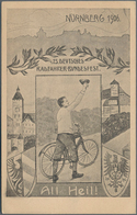 Thematik: Fahrrad / Bicycle: 1906, BAYERN-PRIVATGANZSACHE, Nürnberg, 23. Deutsches Radfahrer-Bundesf - Radsport