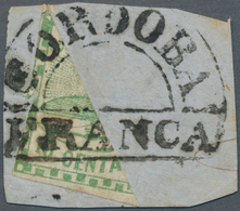 Argentinien: 1858 10c. Green, BISECTED Diagonally, Used On Small Piece And Tied By Half-circle "CORD - Autres & Non Classés