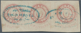 Argentinien: 1862 5c. Rose, No Accent, Very Worn Impression, Horizontal Strip Of Three, Used And Can - Sonstige & Ohne Zuordnung