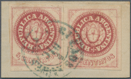 Argentinien: 1862 5c. Lilac-rose, No Accent, Two Singles Of Worn Impression Used On Small Piece And - Autres & Non Classés