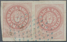 Argentinien: 1862 5c. Rose, No Accent, Horizontal Pair With Shifted Clichés, Used In SANTA FEE And C - Sonstige & Ohne Zuordnung