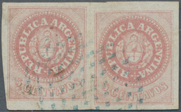 Argentinien: 1862 5c. Rose, No Accent, Horizontal Pair With Shifted Clichés, Used In SANTA FEE And C - Other & Unclassified