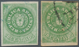 Argentinien: 1862 Two Used Singles Of 10c. Green With Accent, One In Olive Green (signed On Back) Ca - Autres & Non Classés