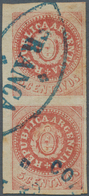 Argentinien: 1864 5c. Red-rose, Narrow "C", Vertical Pair, Used And Cancelled By Oval Handstamp "*/F - Autres & Non Classés