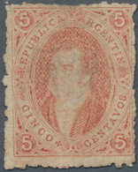 Argentinien: 1864 Rivadavia 5c. Rose-carmine, Wmk "RA", Perf 11½, Printed ON PARCHMENT PAPER (papel - Autres & Non Classés