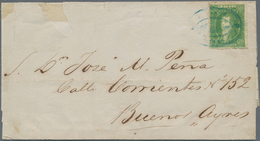 Argentinien: 1864, Rivadivia 10 C. Green, Blurred Impression, Tied Blue Oval "CORREOS / DEL MONTE" ( - Autres & Non Classés