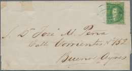 Argentinien: 1864, Rivadivia 10 C. Green, Blurred Impression, Tied Blue Oval "CORREOS / DEL MONTE" ( - Other & Unclassified