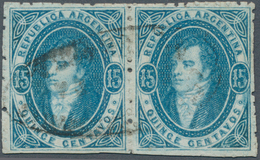 Argentinien: 1864 Rivadavia 15c. Blue, Sharp Impression, Wmk "RA", Perf 11½, HORIZONTAL PAIR, Used A - Autres & Non Classés