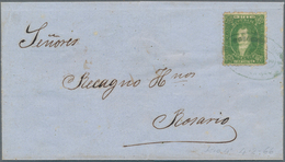 Argentinien: 1866, Rivadivia 10 C. Yellowish Green, Blurred Impression, Tied Oval 'rococo' "CORREOS - Sonstige & Ohne Zuordnung