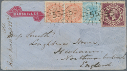 Neusüdwales: 1866, 2 X 1 D Brick-red, 2 D Pale Blue And 6 D Purple (imperforated At Right), Each Tie - Briefe U. Dokumente