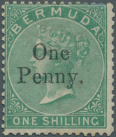 Bermuda-Inseln: 1875, QV 1s. Green With Wmk. Crown CC Surcharged ‚One Penny.‘, Mint Hinged, Scarce S - Bermuda