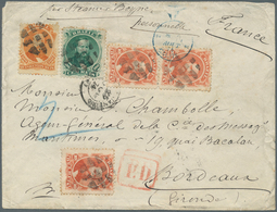 Brasilien: 1875, 10 R. Red (3 Inc. Pair), 100 R. Green And 500 R. Orange Canc. Grid On Cover Endorse - Ungebraucht