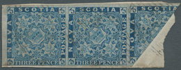 Neuschottland: 1857, Crown And Heraldic Flowers Imperf. 3d. Pale Blue Horiz. Strip Of Three With The - Briefe U. Dokumente
