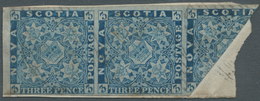 Neuschottland: 1857, Crown And Heraldic Flowers Imperf. 3d. Pale Blue Horiz. Strip Of Three With The - Covers & Documents