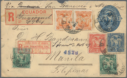Ecuador - Ganzsachen: 1888, Envelope (faults) 5 C. Blue Uprated, 1, 2, 5 C. (UPU Tricolour) And 1 C. - Ecuador