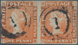 Mauritius: 1848-59 1d. Orange-vermilion On Blue Paper, Early Impression, HORIZONTAL PAIR (Pos. 11+12 - Mauritius (...-1967)