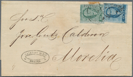 Mexiko: 1867, 1 R. Blue And 2 R. Green On Grey Blue Paper On Folded Envelope From Mexico City To Mor - Mexiko