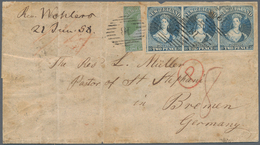 Neuseeland: 1855 BISECTED 1s. Green On Blue Paper Used Along With 1857 2d. Blue Horizontal Strip Of - Sonstige & Ohne Zuordnung