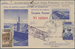 Spanisch-Marokko: 1943, Spanish Morocco Posta Stationery Card 20c Blue Upgraded With SG 353, 5c Brow - Maroc Espagnol