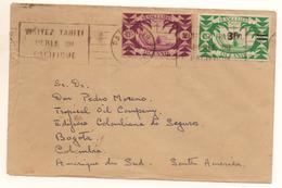 Lettre Pour La Colombie De 1945 Avec 1F Et 25c Surch 3F Pirogue Polynésienne + Cachet Tahiti - Cartas & Documentos