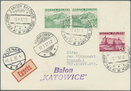 Ballonpost: 1937, 30.V., Poland, Balloon "Katowice", Card With Black Postmark And Arrival Mark, Only - Mongolfiere