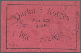 Albania / Albanien: 1 Frange 1920 P. S154, Used With Folds And Creases, Stronger Center Fold Causing - Albania