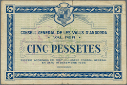 Andorra: Rare Note Of 5 Pessetes 1936 P. 6, Used With Folds And Creases, Stronger Center Fold, But N - Andorre